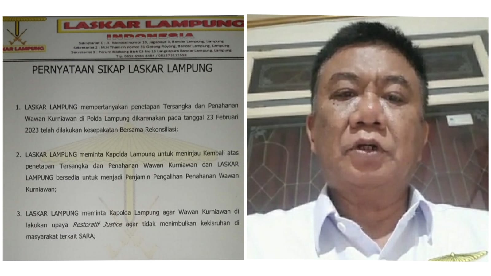 Berbau Kriminalisasi, Ini 3 Sikap Laskar Lampung Atas Penahanan Ketua RT